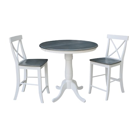 International Concepts Round 36 in Rd Extend Dining Table, 2 X-back Stools, White/Heather Gray, 36 W, 48 L, 35.3 in H, Wood K05-36RXT-6B-S6132-2